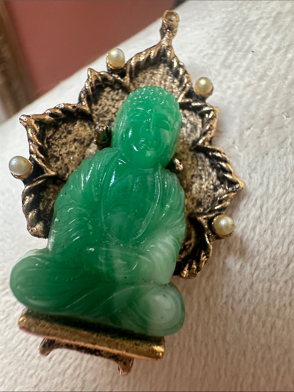 Vintage Jade Peking Glass Buddha with Faux Seed Pearl Signed Ambassador Brooch